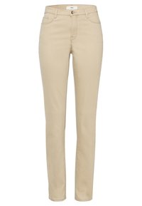 Pantalones beige de corte slim hechos de una mezcla de algodón, con cierre de cremallera y botón, cinco bolsillos y detalles de costura sutiles.