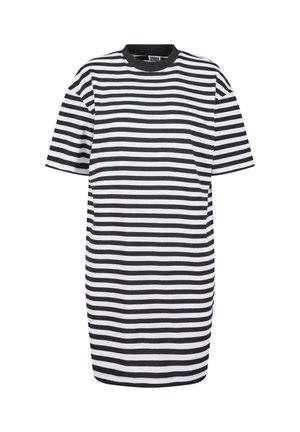 Tricou cu mânecă scurtă, cu dungi orizontale alb-negru, cu guler rotund negru, pe un fundal alb.