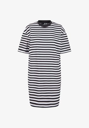 Black and white horizontal striped short-sleeve T-shirt with a round black neckline on a white background.