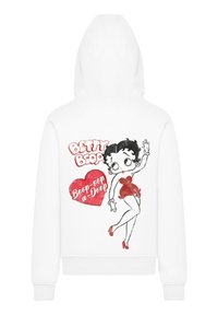 White hooded sweatshirt featuring a Betty Boop graphic. The design includes bold text and a red heart, highlighting the character in a playful pose.