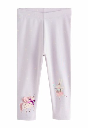 Light purple leggings with a soft texture, featuring pink unicorn and rabbit graphics with sparkles and a bow detail on the unicorn.