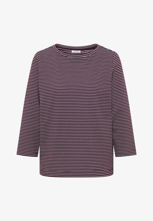 Dlouhý rukáv košile s úzkými horizontálními bílými a tmavě fialovými pruhy a kulatým výstřihem.