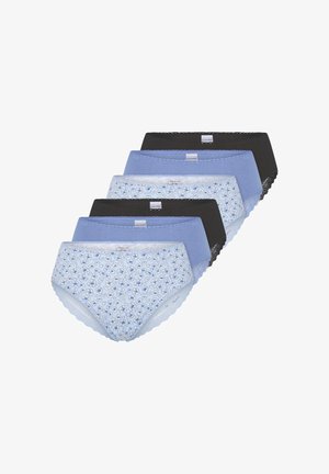 Ensemble de cinq culottes en coton pour femmes en bleu et noir, avec un motif floral, des bords festonnés et des nuances variées de tissu clair et foncé.