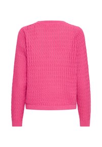 Pull en tricot rose avec un motif texturé, col rond et manches longues. Poignets et ourlet côtelés. Vue arrière présentée.