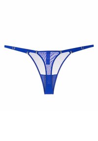 String en maille bleue avec des bretelles ajustables, comportant une ceinture solide et des accents en métal doré. Le design semi-transparent met en valeur la texture.