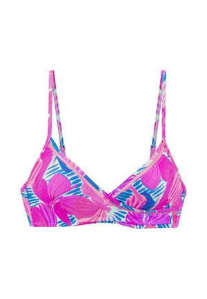 Rosa und blaue, blumengemusterte Bikini-Oberteile mit dünnen, verstellbaren Trägern, das eine dreieckige Form und einen weichen, strukturierten Stoff aufweist.