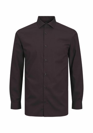 Langärmliges, knopfbares Hemd in tiefem Burgunderrot, aus glattem Stoff, mit einem klassischen Kragen und schwarzen Knöpfen auf der Vorderseite.