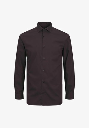 Pikade varrukatega nuppude ja mustade nööpidega shirt sügavast burgundi värvist, valmistatud siledast kangast ja klassikalise kraega.