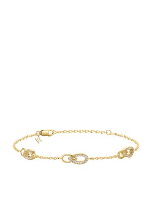 Gold bracelet featuring a delicate chain, three linked shapes, and accents of clear rhinestones. Includes a secure clasp for fastening.