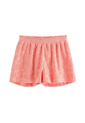 Bløde lyserøde frotté-shorts med elastisk talje og subtilt blomsterteksturmønster, designet til afslappet brug.