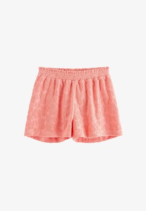 Bløde lyserøde frotté-shorts med elastisk talje og subtilt blomsterteksturmønster, designet til afslappet brug.