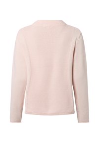 Helles rosaner Sweatshirt mit einem strukturierten Strickdesign, langen Ärmeln und einem Schalkragen. Der Rücken ist glatt mit dezenten Nähten.