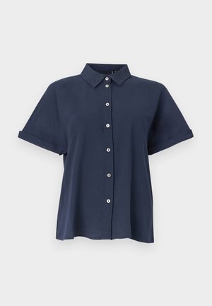 Μπλε σκούρο πουκάμισο με κοντό μανίκι, κουμπιά, γιακά και ρεβέρ στα μανίκια, εμφανισμένο σε απλό λευκό φόντο.