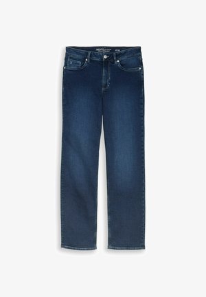 Dunkelblaue, gerade geschnittene Jeans mit fünf Taschen und Knopfverschluss, Größe 27/32, auf weißem Hintergrund flach liegend.
