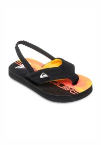 Sort flip-flop med gul og orange mønstret fodseng. Har en gummisål, syntetiske stropper og prominent logo detaljer på stroppen.