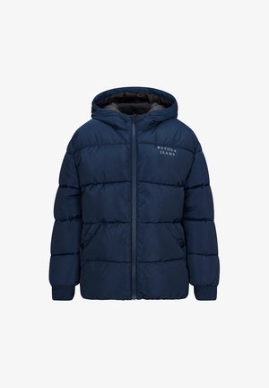 Giacca imbottita di colore blu navy con zip frontale, cappuccio e polsini a coste. Presenta un design trapuntato e un piccolo logo sul petto. Materiale resistente.