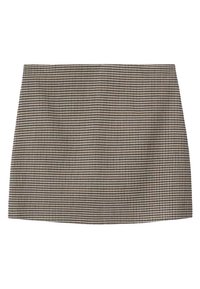 Mini-jupe à motif pied-de-poule en noir et blanc, fabriquée dans un tissu à texture lisse, présentant une coupe droite et sans fermetures visibles.