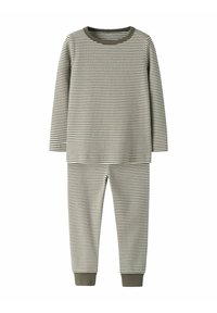 Striped pajama set composed of soft cotton, featuring long sleeves and pants with ribbed cuffs in muted green and white stripes.