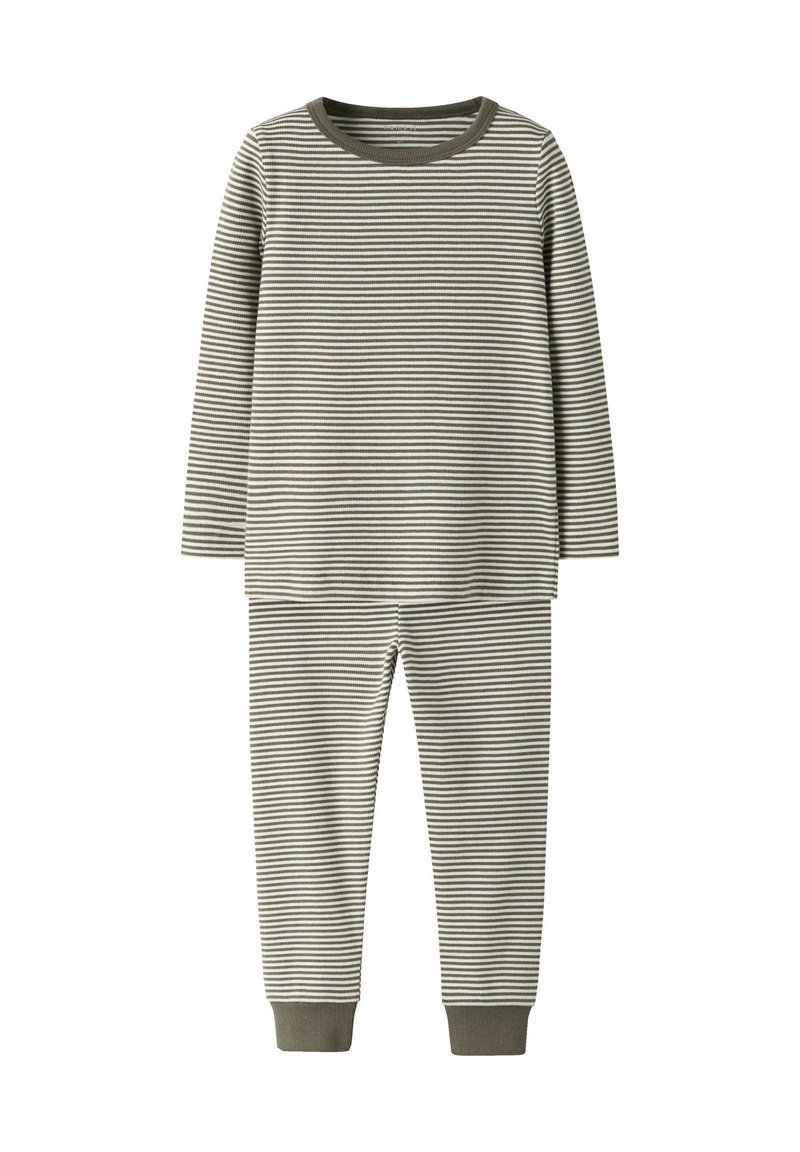 Striped pajama set composed of soft cotton, featuring long sleeves and pants with ribbed cuffs in muted green and white stripes.