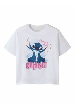 Biała dziecięca koszulka z niebieską postacią z kreskówki Stitch siedzącą, z różowym napisem "Experiment 626" oraz "STITCH".