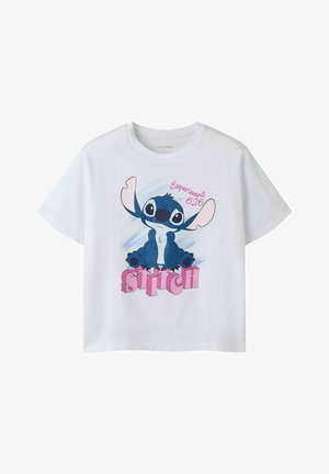 Biała dziecięca koszulka z niebieską postacią z kreskówki Stitch siedzącą, z różowym napisem "Experiment 626" oraz "STITCH".