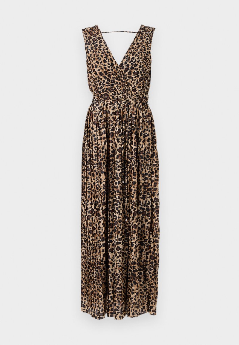 Maxikleid mit Leopardenmuster, tiefem V-Ausschnitt, plissierter Textur und tailliertem Schnitt. Aus leichtem, fließendem Stoff gefertigt.