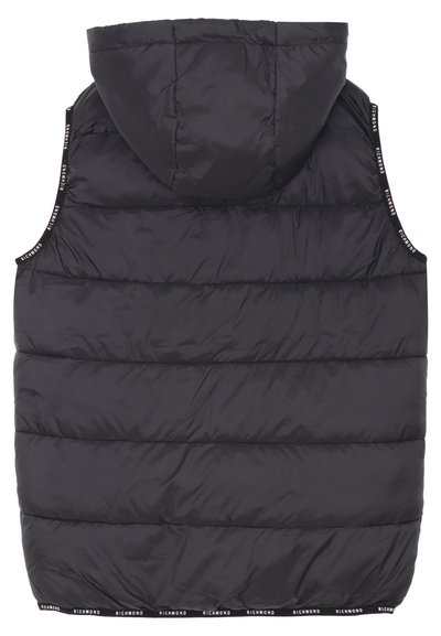 Gilet imbottito nero con cappuccio, design trapuntato e branding a contrasto "RICHMOND" lungo le braccia e l'orlo. Texture liscia.