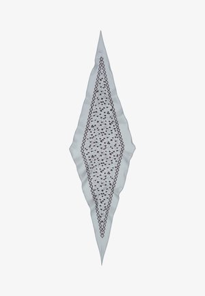 Weißes, diamantförmiges Gewebe mit detaillierter brauner Blumenstickerei und gezackten Kanten, das sich an beiden Enden zu Spitzen verjüngt.