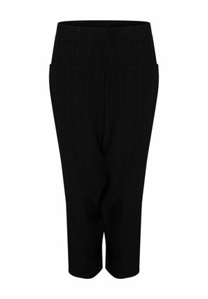 Sorte cropped bukser med et tekstureret stof, der har en elastisk talje og sidelommer; lige ben med en afslappet pasform.