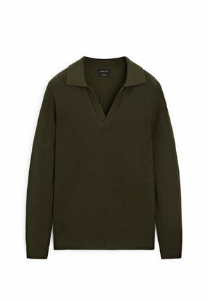 Olivengrøn strikket pullover med V-hals og flad krave, der har lange ærmer og et struktureret mønster overalt. Ingen synlig hardware.