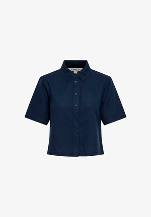 Cămașă bleumarin cu mâneci scurte, cu nasturi și guler clasic, croială scurtă.