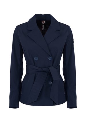 Marineblauer zweireihiger Blazer mit Kerbkragen, Knopfleiste, langen Ärmeln und einem zum Binden am Taillenbund.