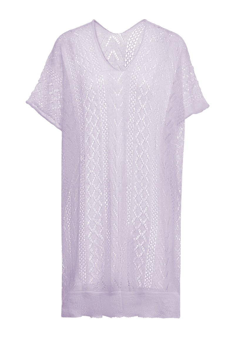 Tunică violet, cu mânecă scurtă, tricotată cu ochiuri deschise, cu decolteu în V, având un model din dantelă și o textură ușor texturată. Design ușor și aerisit.