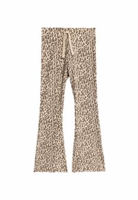 Kalhoty s leopardím vzorem, zúžené do pasu, v béžové a hnědé barvě, s pružným pasem na šňůrku a měkkou, texturovanou tkaninou pro pohodlí a flexibilitu.