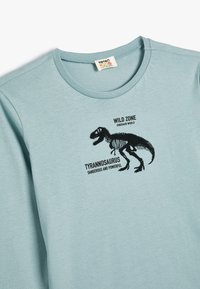 Vaaleansininen T-paita, jossa on musta brodeerattu Tyrannosaurus-rex -skeleton ja tekstit: "WILD ZONE" ja "DANGEROUS AND POWERFUL." Pehmeä kangas.