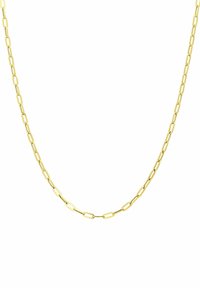 Gouden ketting met verlengde schakel, een gladde oppervlakte en een gepolijste afwerking, waardoor het een strakke, moderne uitstraling heeft.