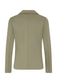 Veste ajustée vert olive à manches longues et col large, vue de dos sur fond blanc uni.