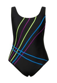 Maillot de bain une pièce noir avec des rayures verticales vertes, bleues et violettes. Texture lisse avec des bretelles larges et une coupe ajustée.