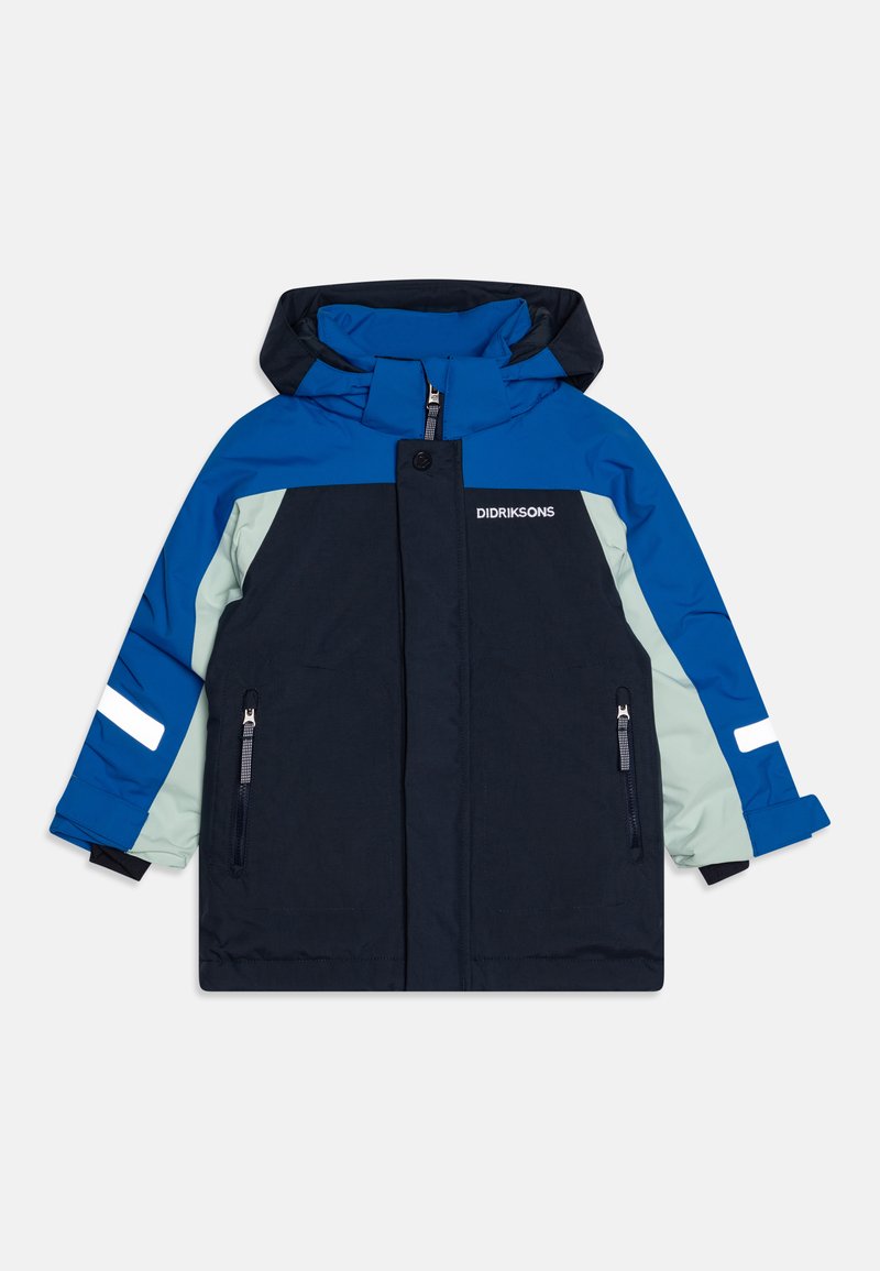 Color-blocked winter jacket featuring a navy body with blue and mint green accents, two zippered pockets, and a hood.