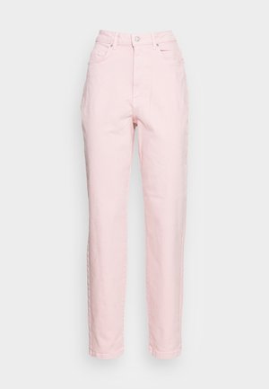 Lys rosa denimjeans med høy midje, rett bendesign, fem lommer, frontspenne og en lett teksturert overflate.