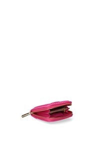 Portafoglio rosa con zip e design testurizzato. Presenta una zip dorata e un interno spazioso con scomparti per carte e un compartimento per le monete.