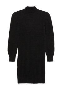 Zwarte gebreide jurk met hoge hals, lange pofmouwen en ribbelzoom; zachte textuur met een gezellige, pluizige uitstraling.