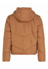 Brun puffjacka med huva, med en chevrondesign i kviltat mönster, elastiska ärmslut och en fåll som är skuren ovanför midjan.