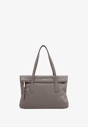 Gray leather tote bag with dual handles, zippered top, and front pocket. Smooth texture with subtle grain detail and gold-tone hardware accents.