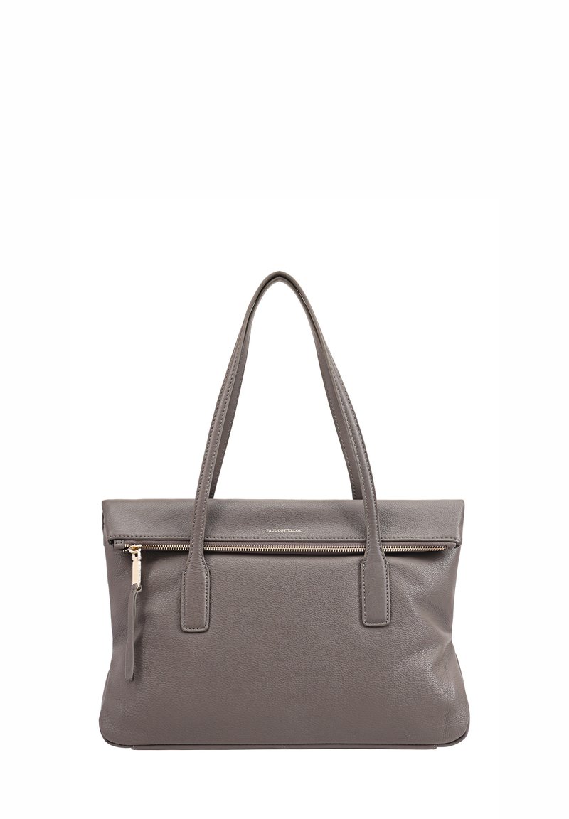 Sac fourre-tout en cuir gris avec doubles poignées, fermeture zippée en haut et poche avant. Texture lisse avec un détail de grain subtil et des accents en métal doré.