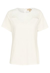 White short-sleeve T-shirt with a round neckline. Features floral lace detailing around the collar and a keyhole closure at the back.