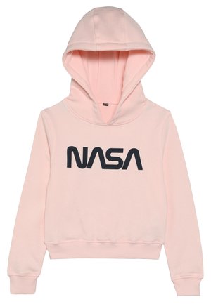 Hellrosa Hoodie mit großem schwarzem NASA-Logo auf der Brust, mit langen Ärmeln und großer Kapuze.