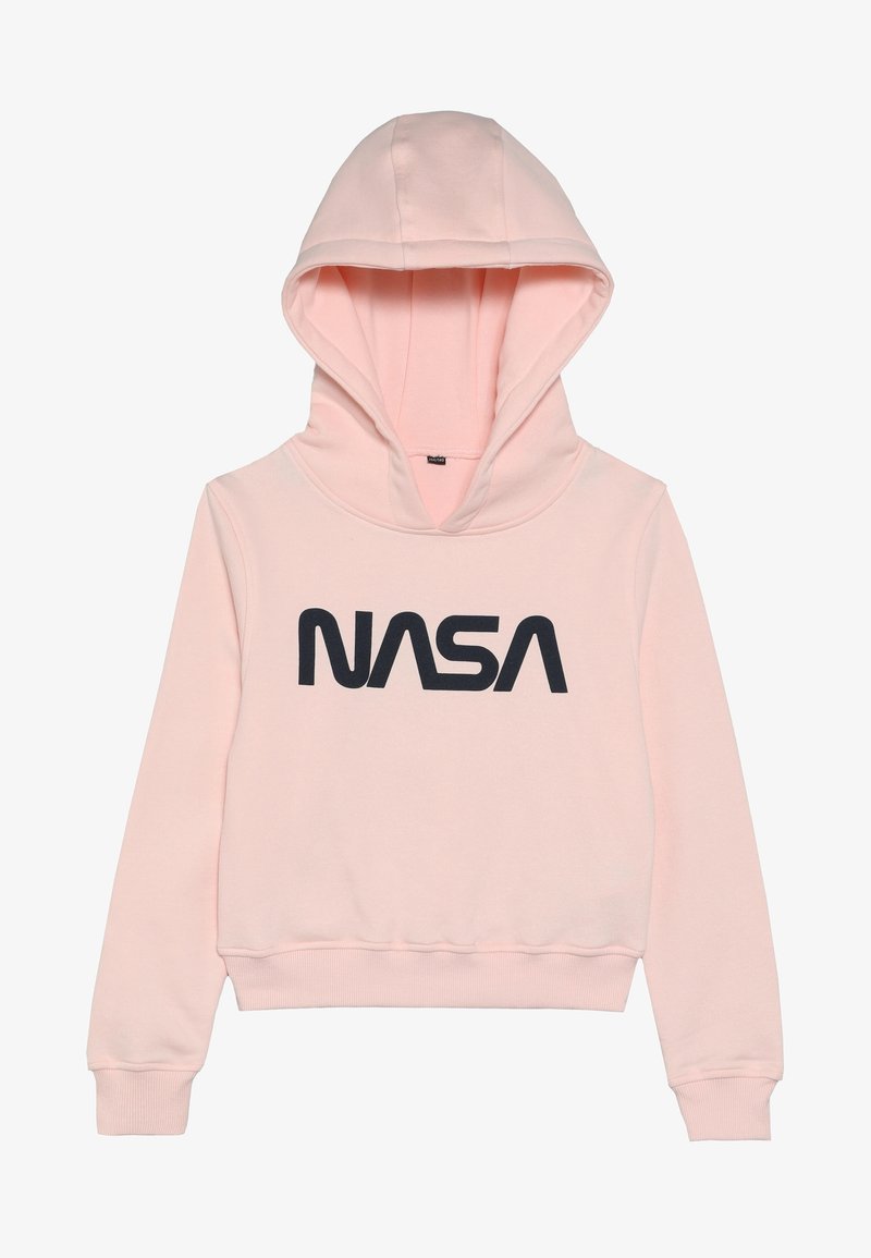 Sweat à capuche rose clair avec un grand logo noir de la NASA sur la poitrine, manches longues et grande capuche.