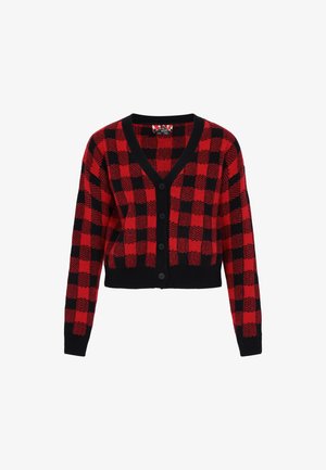 Piros és fekete kockás kardigán V-nyakkal, gombos zárással és hosszú ujjal. Texturált kötött anyagból készült, cropped fazonú.