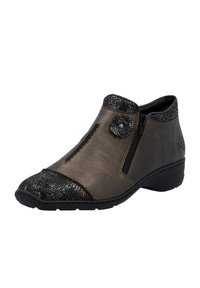 Bottines en cuir bronze avec accent texturé noir à l'avant. Présente une fermeture éclair sur le côté et un détail de bouton floral décoratif. Talon bas.